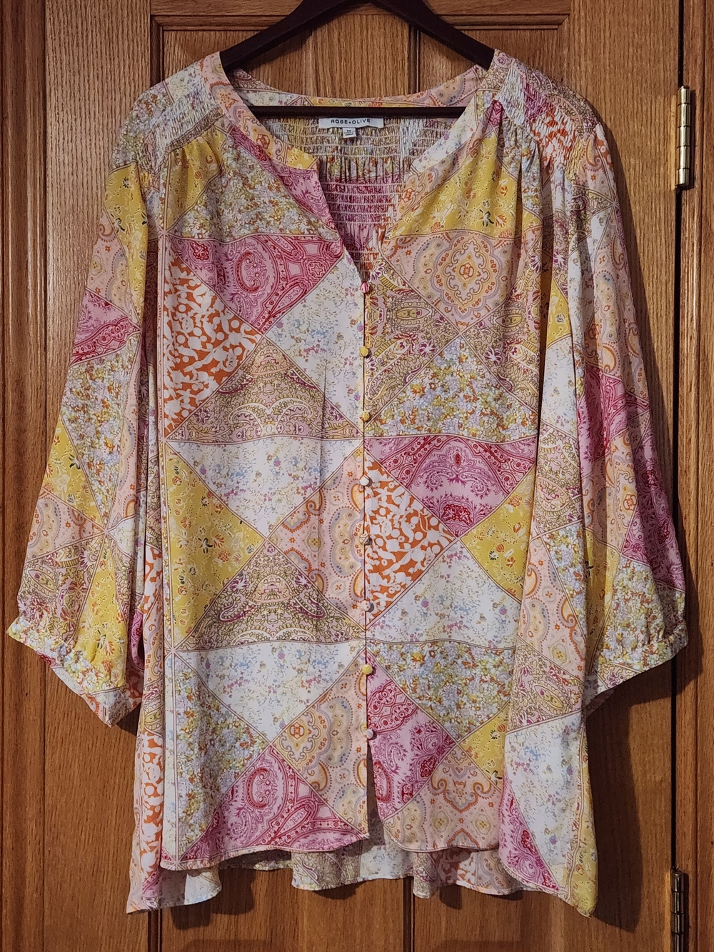 Rose & Olive Patchwork Button-Front Blouse Sz 3X Paisley Boho Layering Mosaic